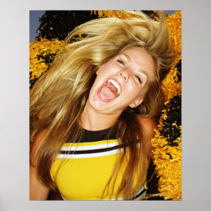 Cheerleader flipping hair, laughing, surrounded poster
