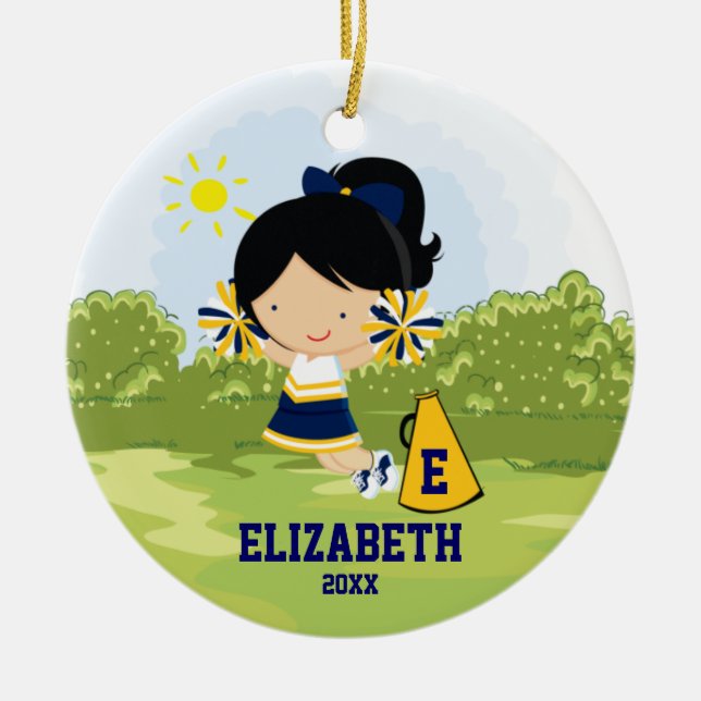 Cheerleader Girl Christmas Ornament Blue Gold (Front)