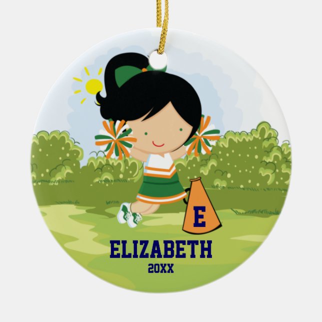 Cheerleader Girl Christmas Ornament Green Orange (Front)