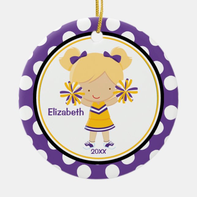 Cheerleader Girl Christmas Ornament Purple Gold (Front)