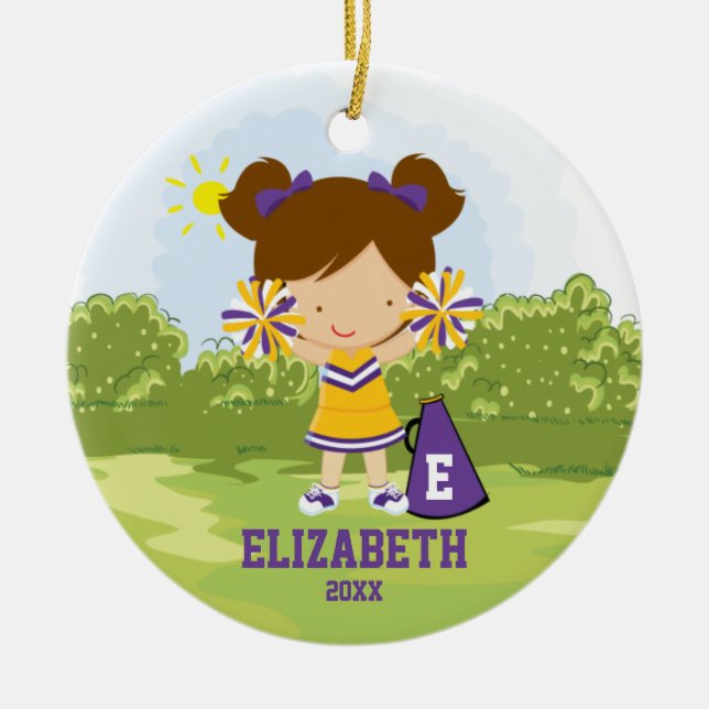 Cheerleader Girl Christmas Ornament Purple Yellow (Front)