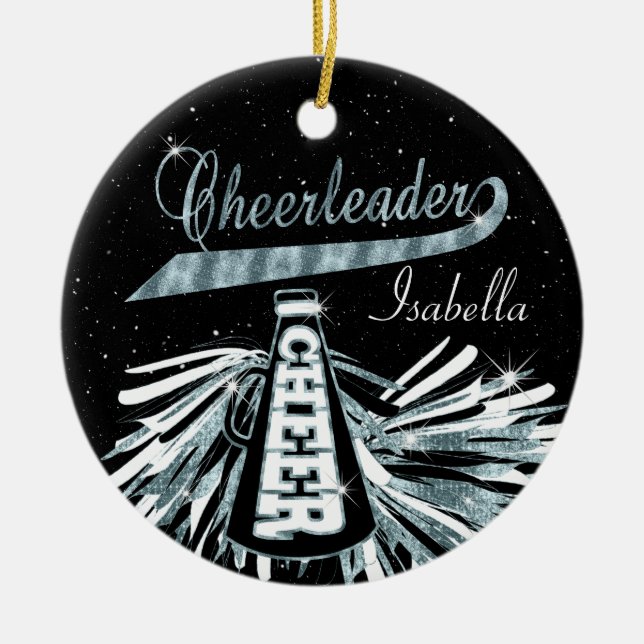Cheerleader 📣 💖 Glam- Black and Blue Teal Ceramic Tree Decoration (Front)
