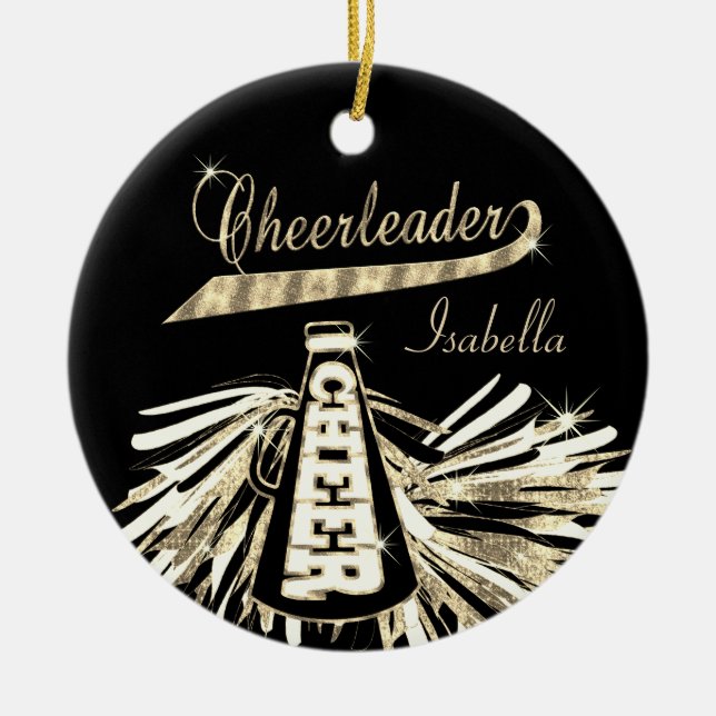 Cheerleader 📣 💖 Glam- Black and Gold Ceramic Tree Decoration (Front)