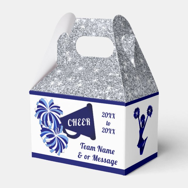 Cheerleader Goodie Bags. Personalised, Blue, White Favour Box (Front Side)
