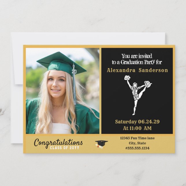 Cheerleader graduation Black and Gold Invitation (Front)