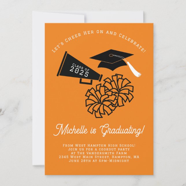 Cheerleader Graduation Party Orange and Black Invitation (Front)