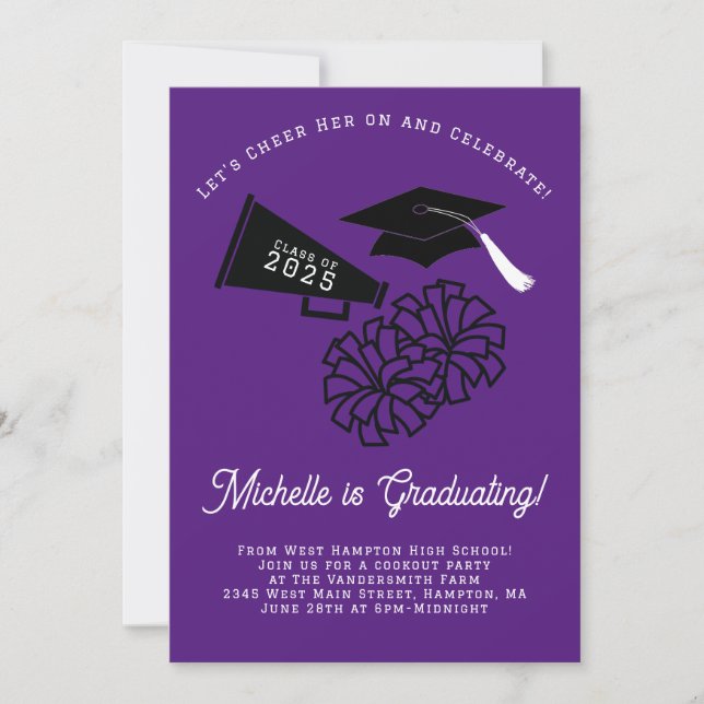 Cheerleader Graduation Party Purple and Black Invitation (Front)