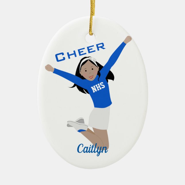 Cheerleader In Blue & White With Black Hair Ceramic Tree Decoration (Front)