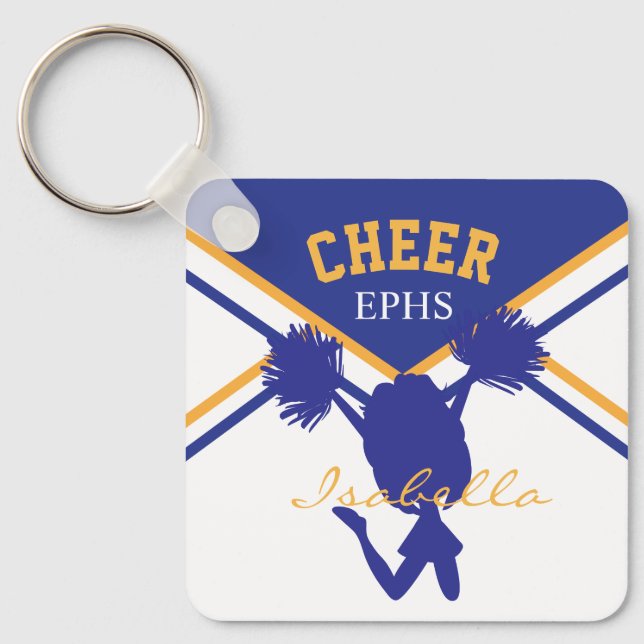 Cheerleader In Dark Blue, White and Gold Key Ring (Front)