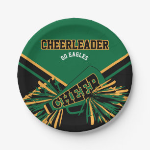 Cheerleader in Dark Green, Gold and Black Paper Plate