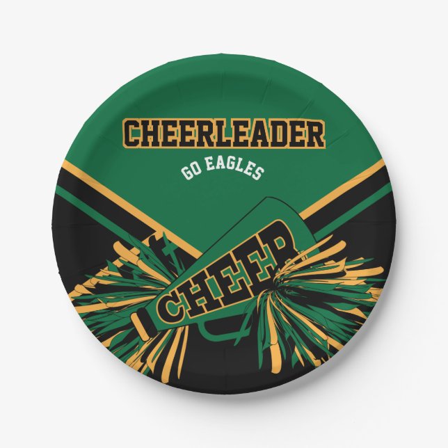 Cheerleader in Dark Green, Gold and Black Paper Plate (Front)