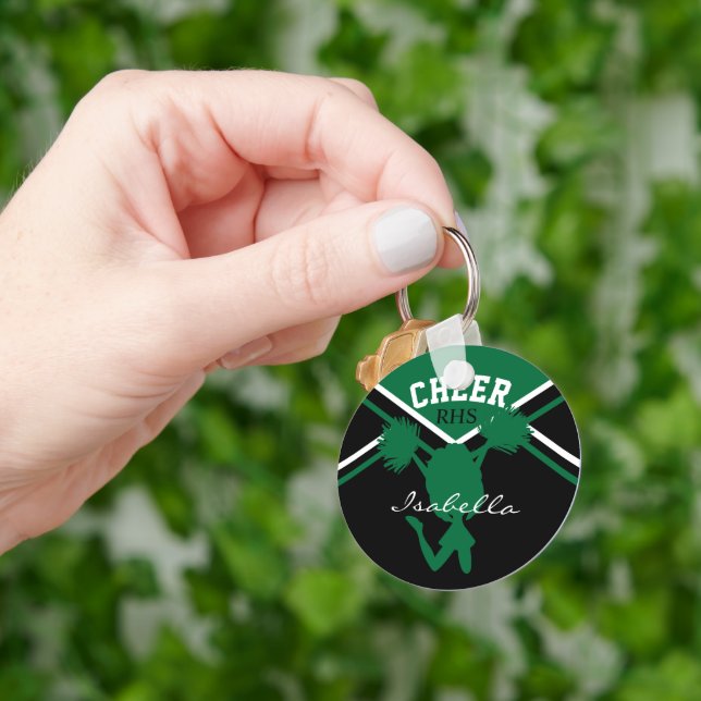 Cheerleader In Dark Green, White and Black Key Ring (Hand)