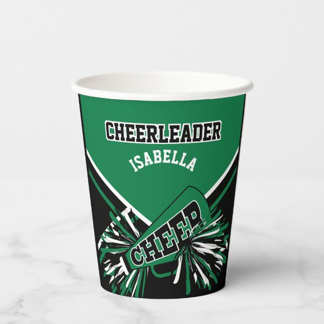 Cheerleader in Green, Black and White Paper Cups (Back)