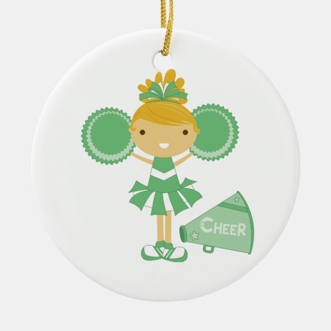 Cheerleader in Green Ceramic Tree Decoration (Front)