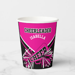 Cheerleader in Hot Pink, Black and White Paper Cups