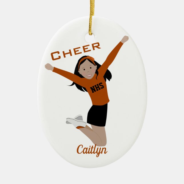 Cheerleader In Orange & Black With Black Hair Ceramic Tree Decoration (Front)