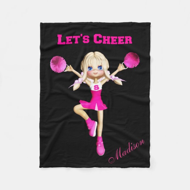 Cheerleader Let's Cheer Personalised Pink & Black Fleece Blanket (Front)