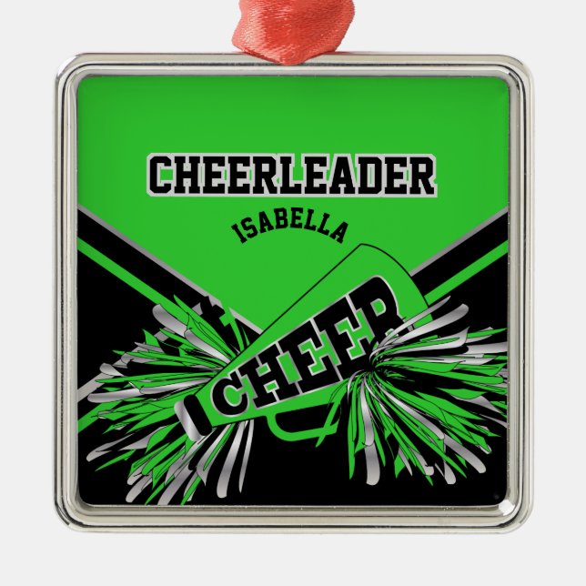 Cheerleader - Lime Green, Black and Silver Metal Tree Decoration (Front)