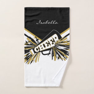 Cheerleader Outfit in Black, White and Gold Hand Towel