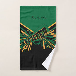 Cheerleader Outfit in Green, Gold and Black Hand Towel