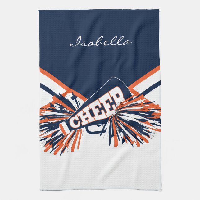 Cheerleader Outfit in Navy Blue, Orange & White Tea Towel (Vertical)