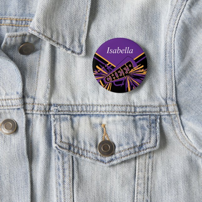 Cheerleader Outfit in Purple, Gold & Black 6 Cm Round Badge (In Situ)