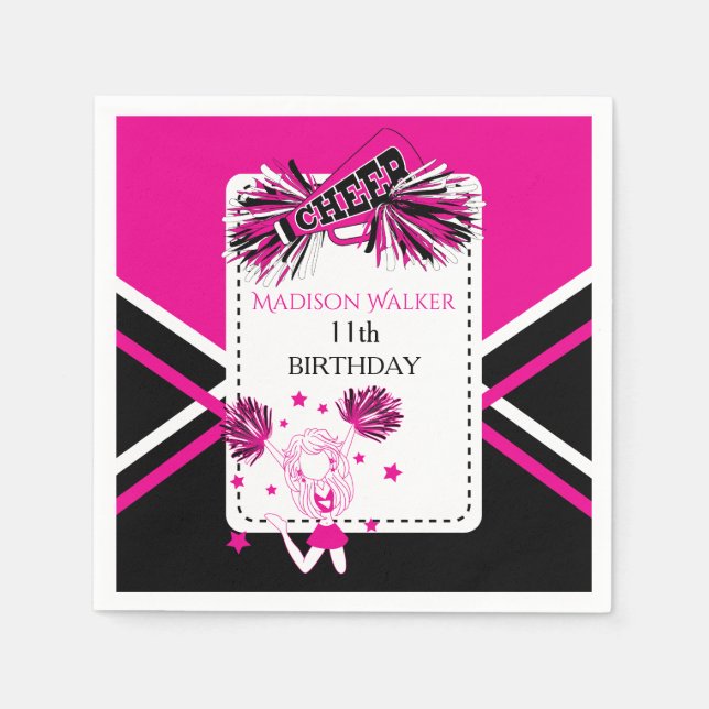 Cheerleader Party Hot Pink, Black, White Napkin (Front)