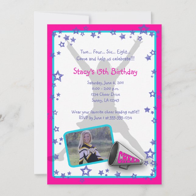 Cheerleader Photo Invitation Pink Purple Turquois (Front)