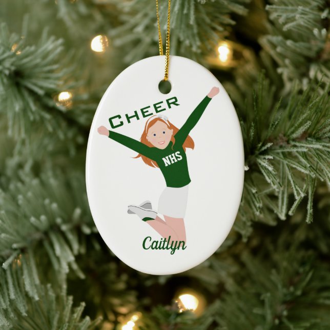 Cheerleader Redhead Green & White Ceramic Tree Decoration (Tree)