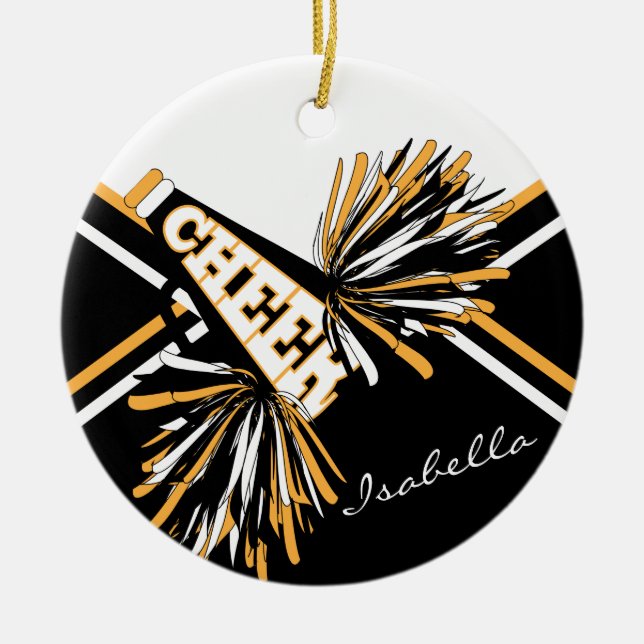 Cheerleader - White, Black and Gold Ceramic Tree Decoration (Front)