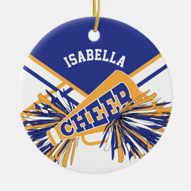Cheerleader 📣💖 - White, Blue and Gold Ceramic Tree Decoration (Front)