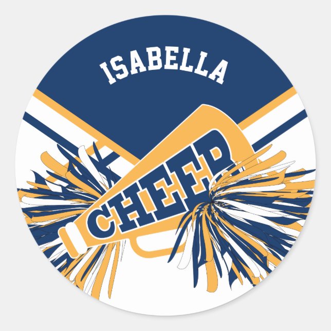 📣 Cheerleader  - White, Blue and Gold Classic Round Sticker (Front)