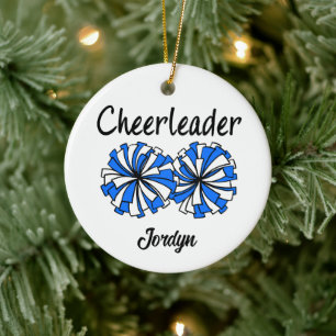 Cheerleader with Blue & White Pom Poms Ceramic Tree Decoration