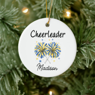 Cheerleader with Blue & Yellow Pom Poms Ceramic Tree Decoration