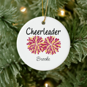 Cheerleader with Maroon & Yellow/Gold Pom Poms Ceramic Tree Decoration