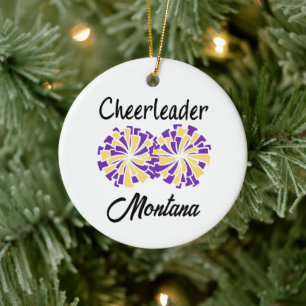 Cheerleader with Purple & Yellow/Gold Pom Poms Ceramic Tree Decoration