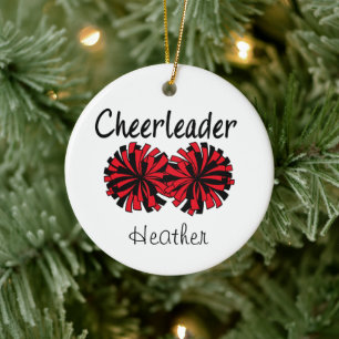 Cheerleader with Red & Black Pom Poms Ceramic Tree Decoration