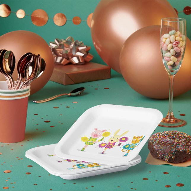 Cheerleading Animal Trio Pig Bunny and Cat  Paper Plate (Creator Uploaded)