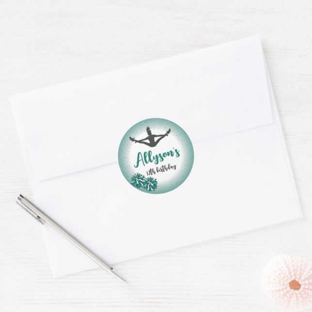 Cheerleading Birthday Party, Any Age Green Classic Round Sticker (Envelope)