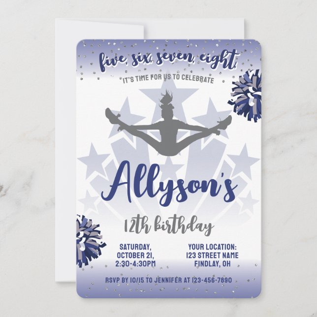 Cheerleading Birthday Party, Any Age Navy Blue Invitation (Front)