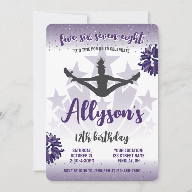 Cheerleading Birthday Party, Any Age Purple Invitation (Front)