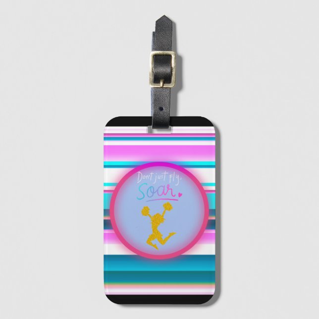 Cheerleading "Don't Just Fly, Soar" Stripes  Luggage Tag (Front Vertical)
