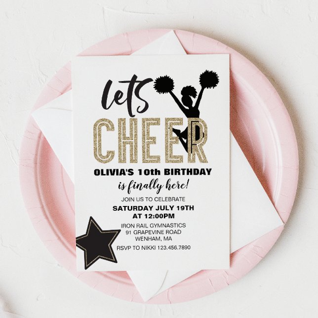 Cheerleading Gold and Black Cheer Birthday Invitation (Creator Uploaded)