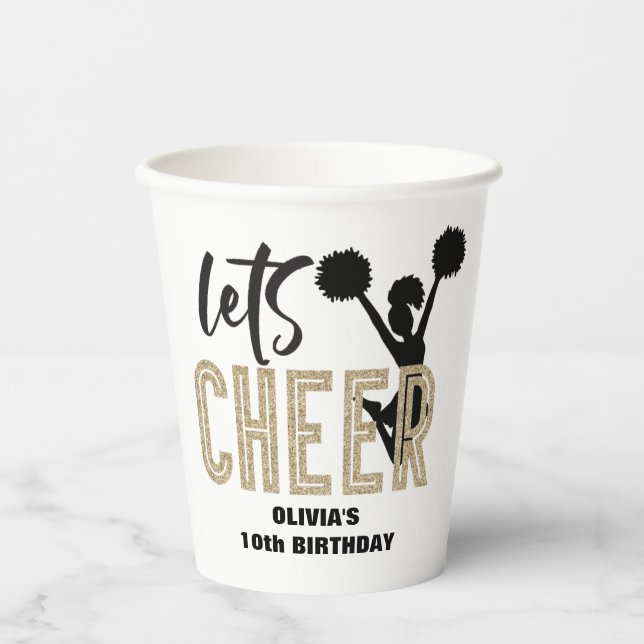 Cheerleading Gold and Black Cheer Birthday Paper Cups (Front)