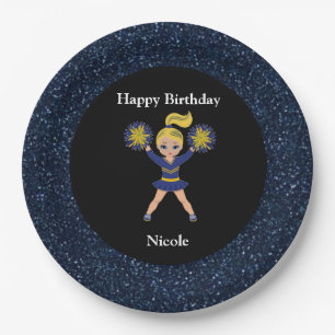 Cheerleading "Happy Birthday" Black Sparkle Paper Plate