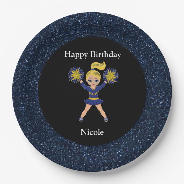 Cheerleading "Happy Birthday" Black Sparkle Paper Plate (Front)
