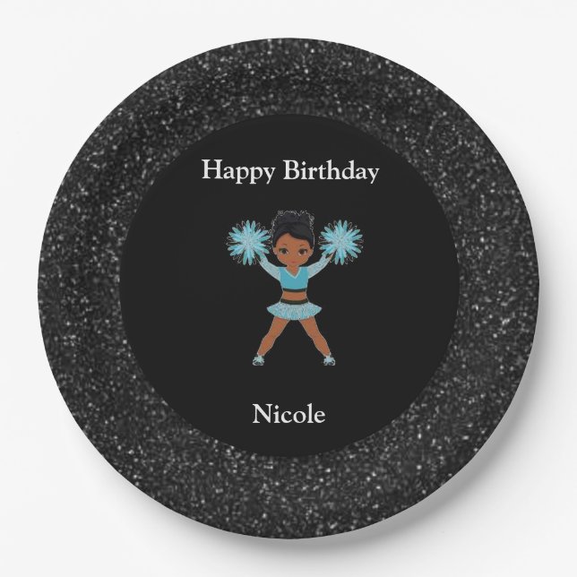 Cheerleading "Happy Birthday" Black Sparkle Paper Plate (Front)