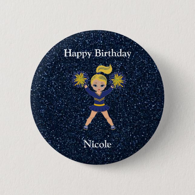 Cheerleading "Happy Birthday" Blue Sparkle Button (Front)