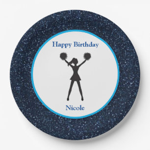 Cheerleading "Happy Birthday" Blue Sparkle Paper Plate