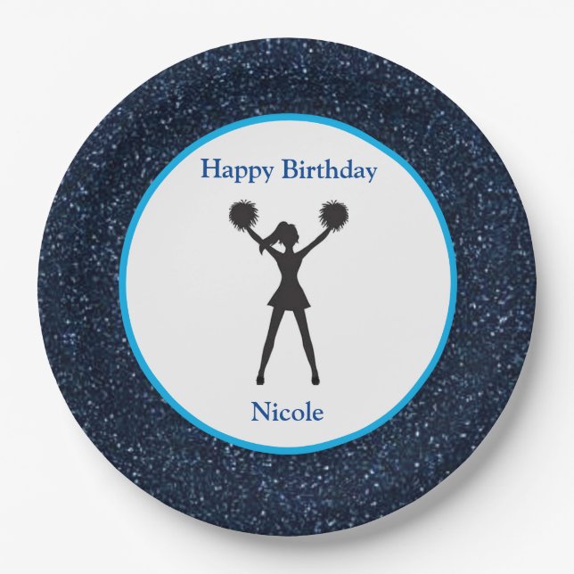 Cheerleading "Happy Birthday" Blue Sparkle Paper Plate (Front)